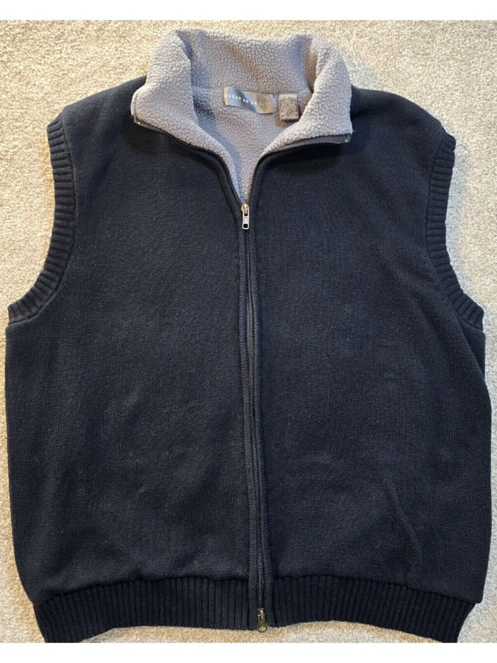 Oscar De La Renta Sweater Vest Fleece Lined Full Zip Cotton Black Gray Size L